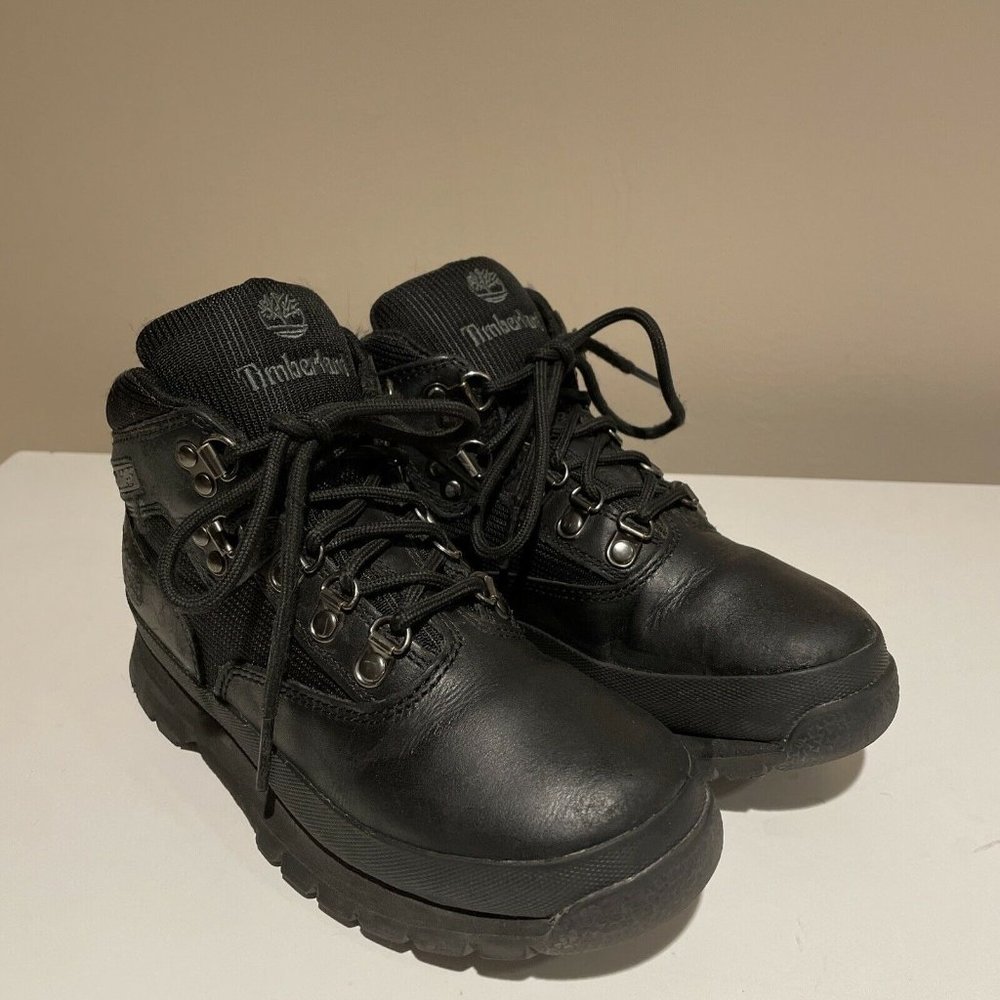 Timberland 96748 Black Leather/Nylon Lace-Up Euro Hiker Boot shoes Boy's US 2